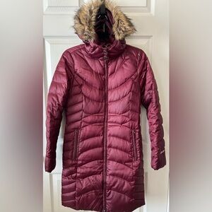 Eddie Bauer EB650 Women Maroon Faux Fur Removable‎ Hoodie Goose Down Coat Sz XS